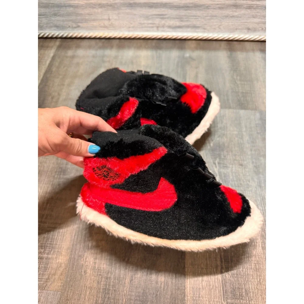 Jordan Kids Plush Sneaker Slippers Red Black High Top Fuzzy House Shoes